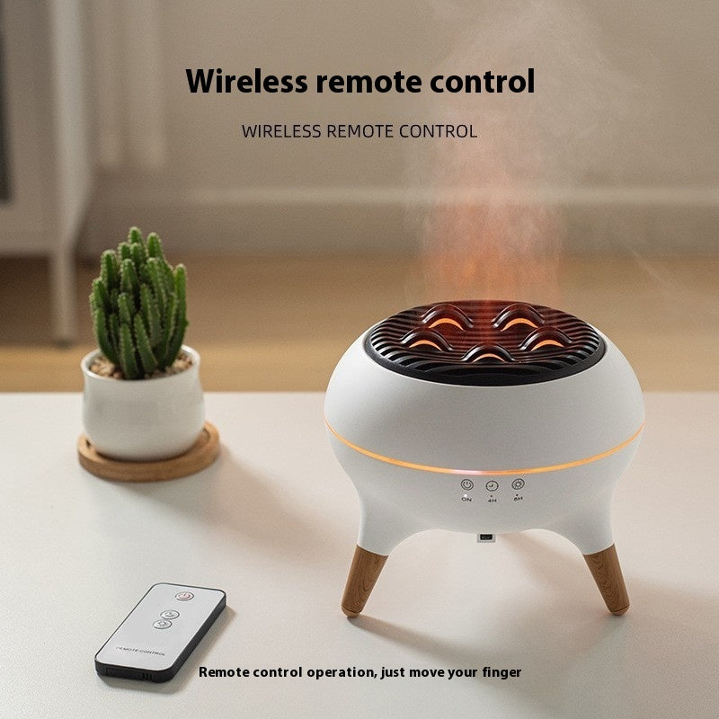 White and brown diffuser with wireless remote control on a light surface with a plant in the background.