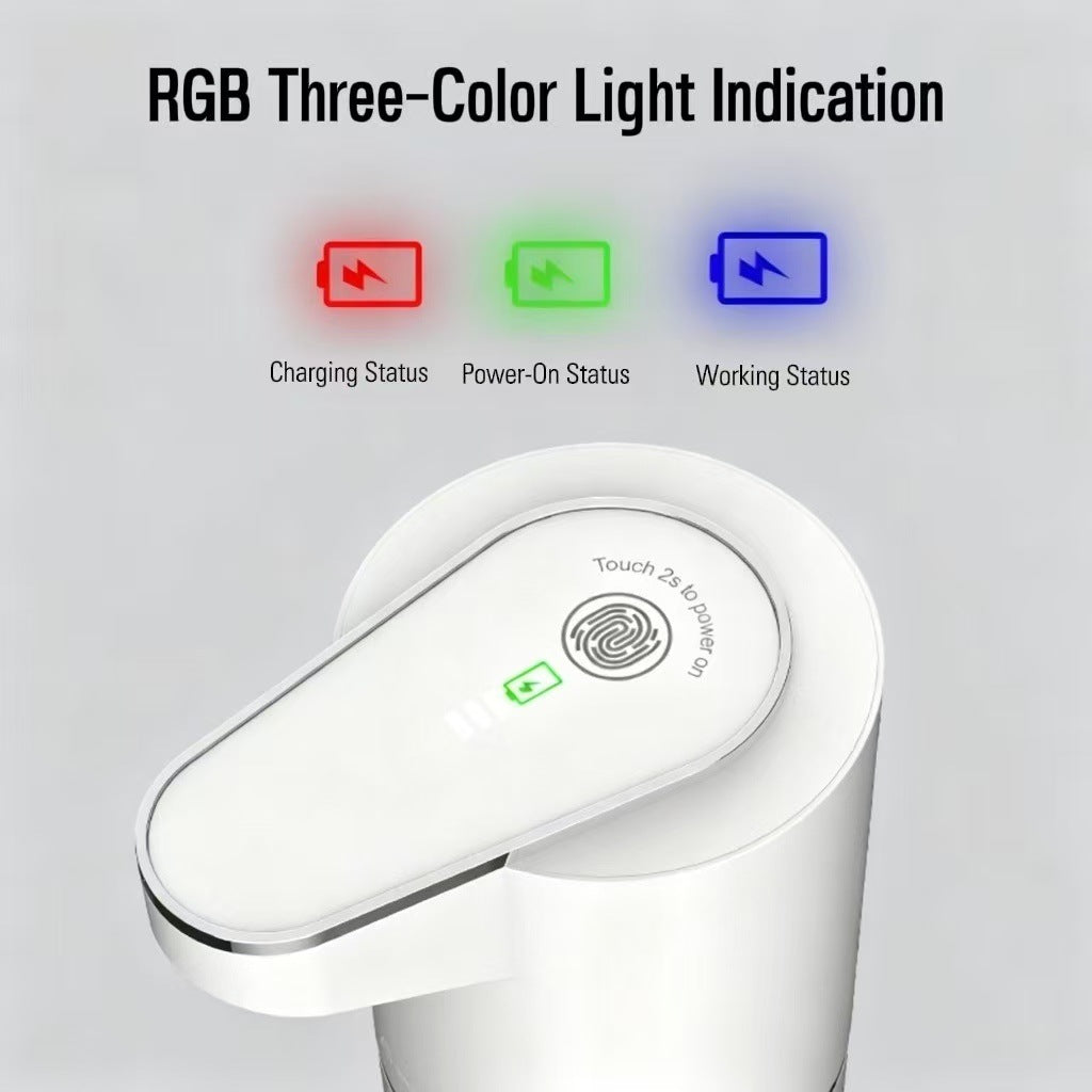 White electronic device with RGB three-color light indicators on a gray background