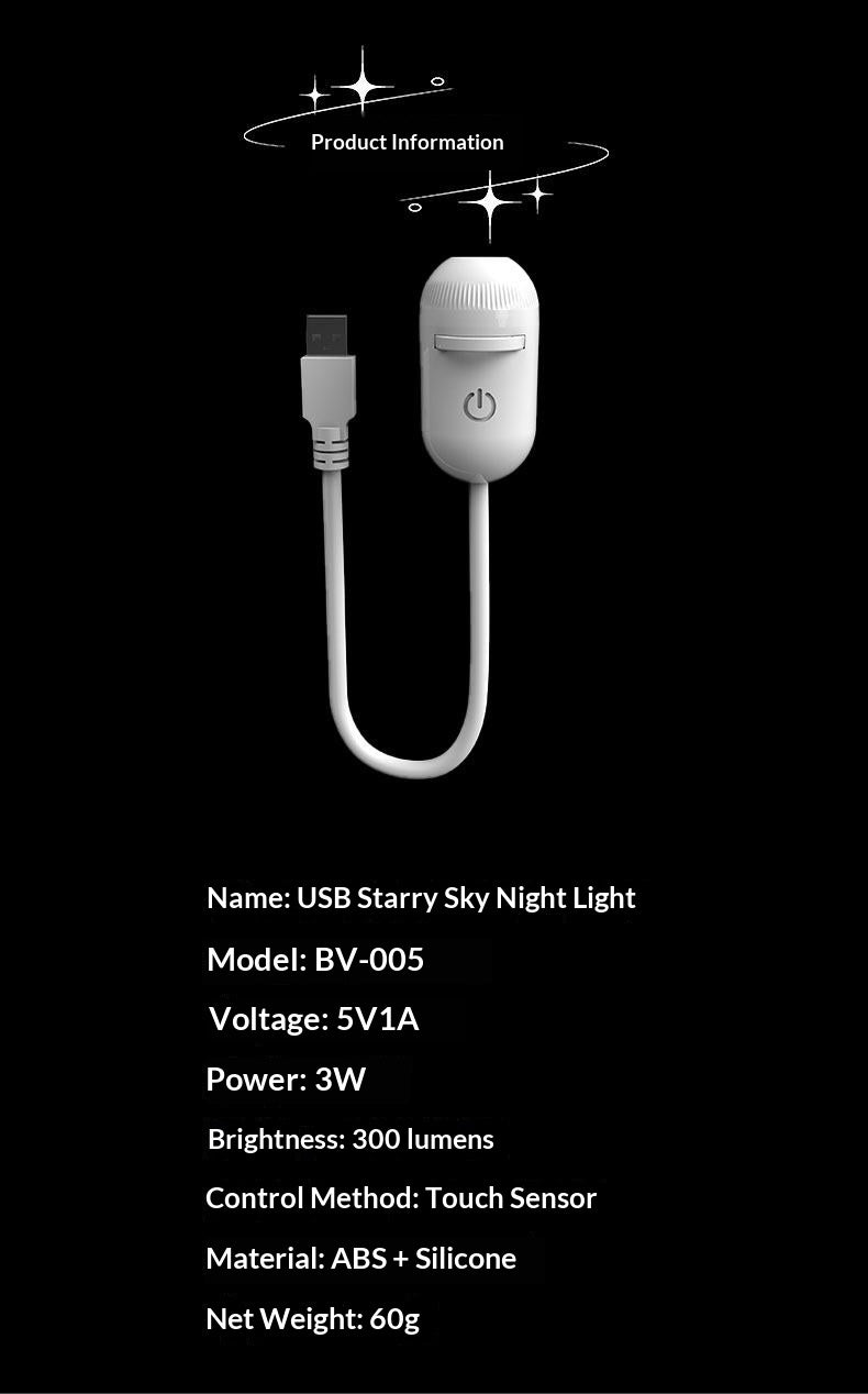 USB Starry Sky Night Light with specifications on a black background