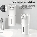 White soap dispenser with desktop and wall mounting options on a gray background