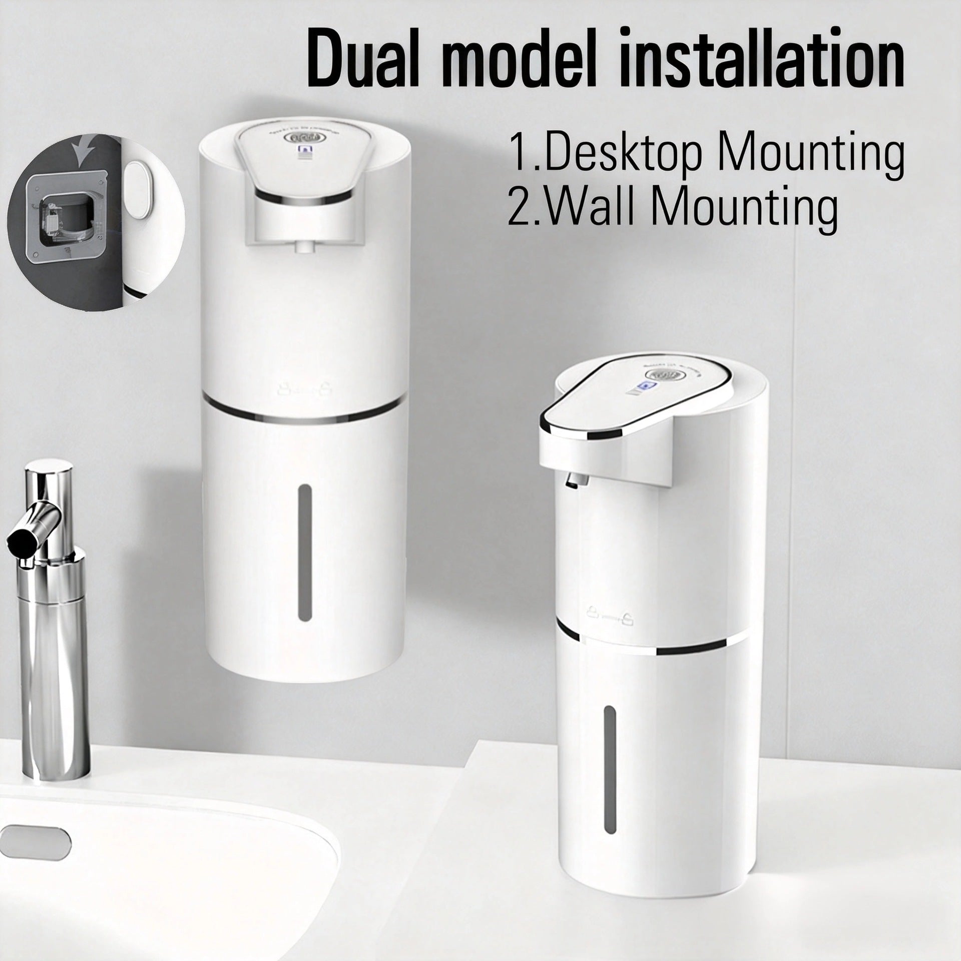 White soap dispenser with desktop and wall mounting options on a gray background