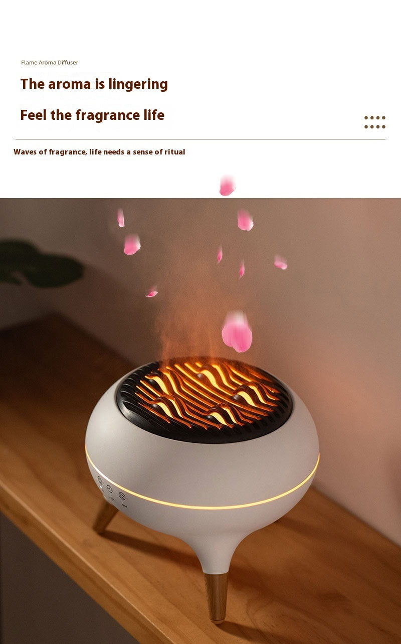 Aroma diffuser emitting fragrance on a wooden surface with text about the aroma lingering.