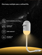Small lamp with USB cable on a dark background with text highlighting features.