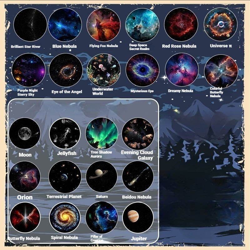 Collection of various nebulae and celestial objects with a mountain and forest background.