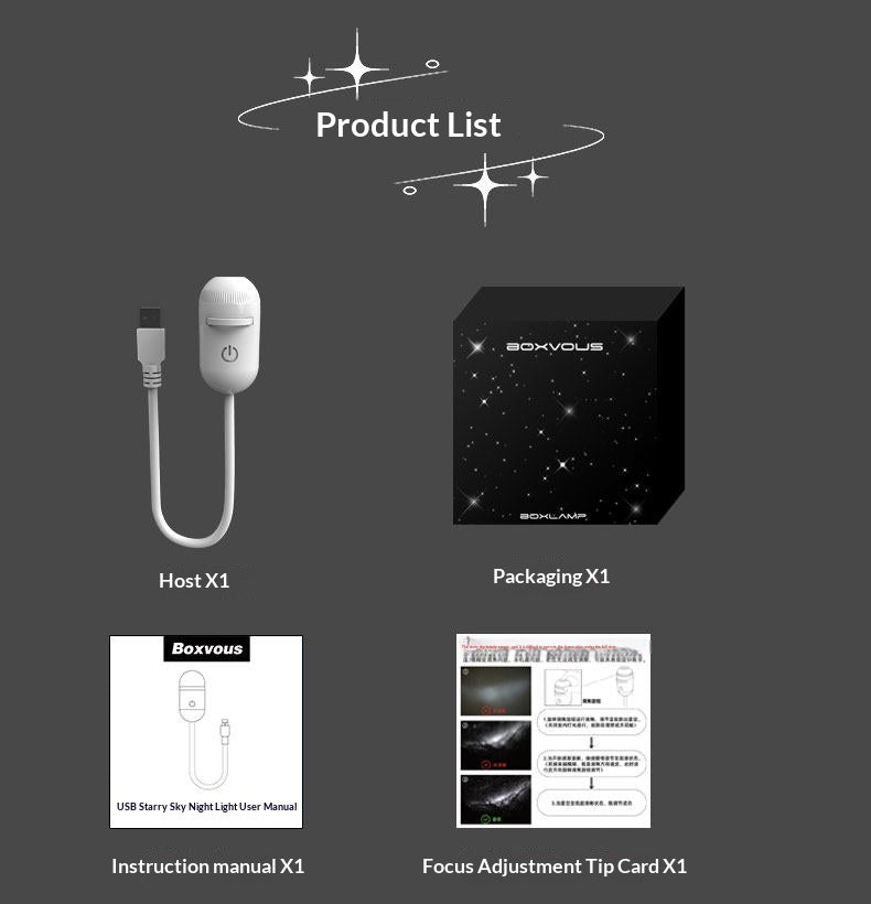 Product list with host, packaging, instruction manual, and focus adjustment tip card on a dark background.