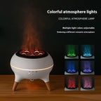 Colorful atmosphere lamp with flame effect on a wooden surface, showing multiple light color options.