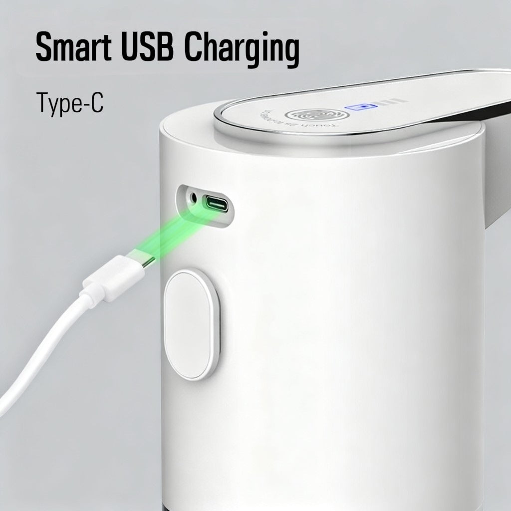 White electronic device with USB Type-C charging cable on a light gray background