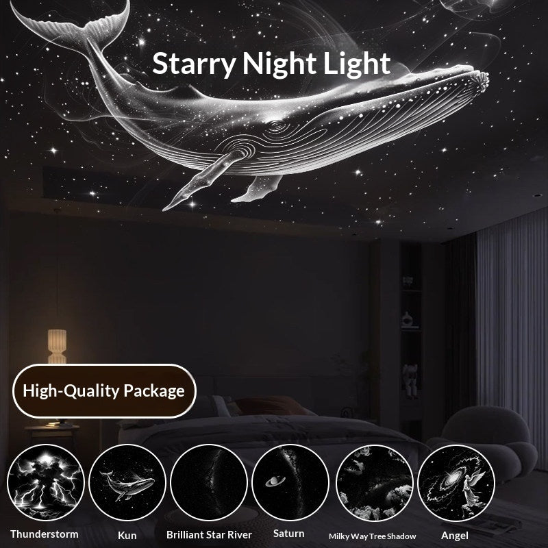 Starry night light projector with whale design on ceiling, room setting shown.