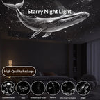 Starry night light projector with whale design on ceiling, room setting shown.